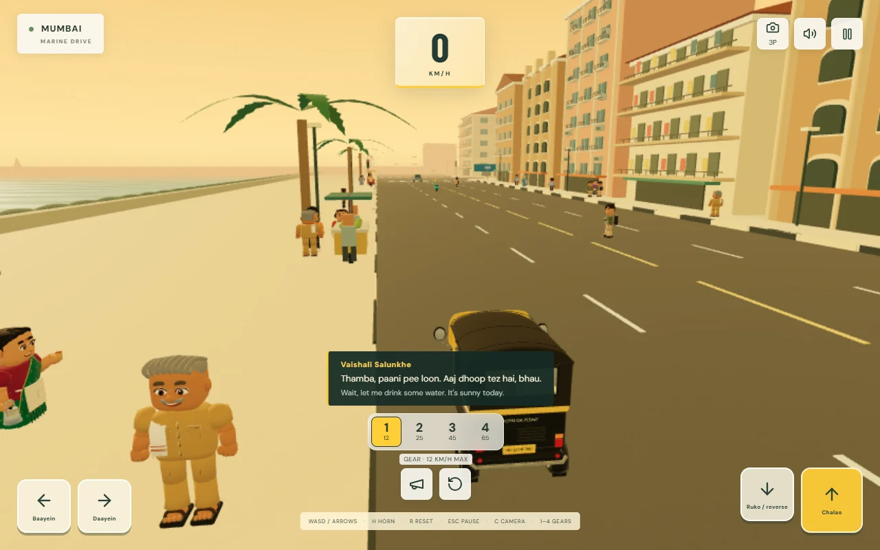 The auto rickshaw near Mumbai street characters, with a local's dialogue caption displayed during gameplay