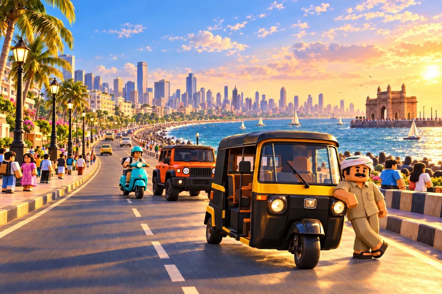 Concept artwork of a black-and-yellow auto rickshaw on a warm, lively Mumbai street