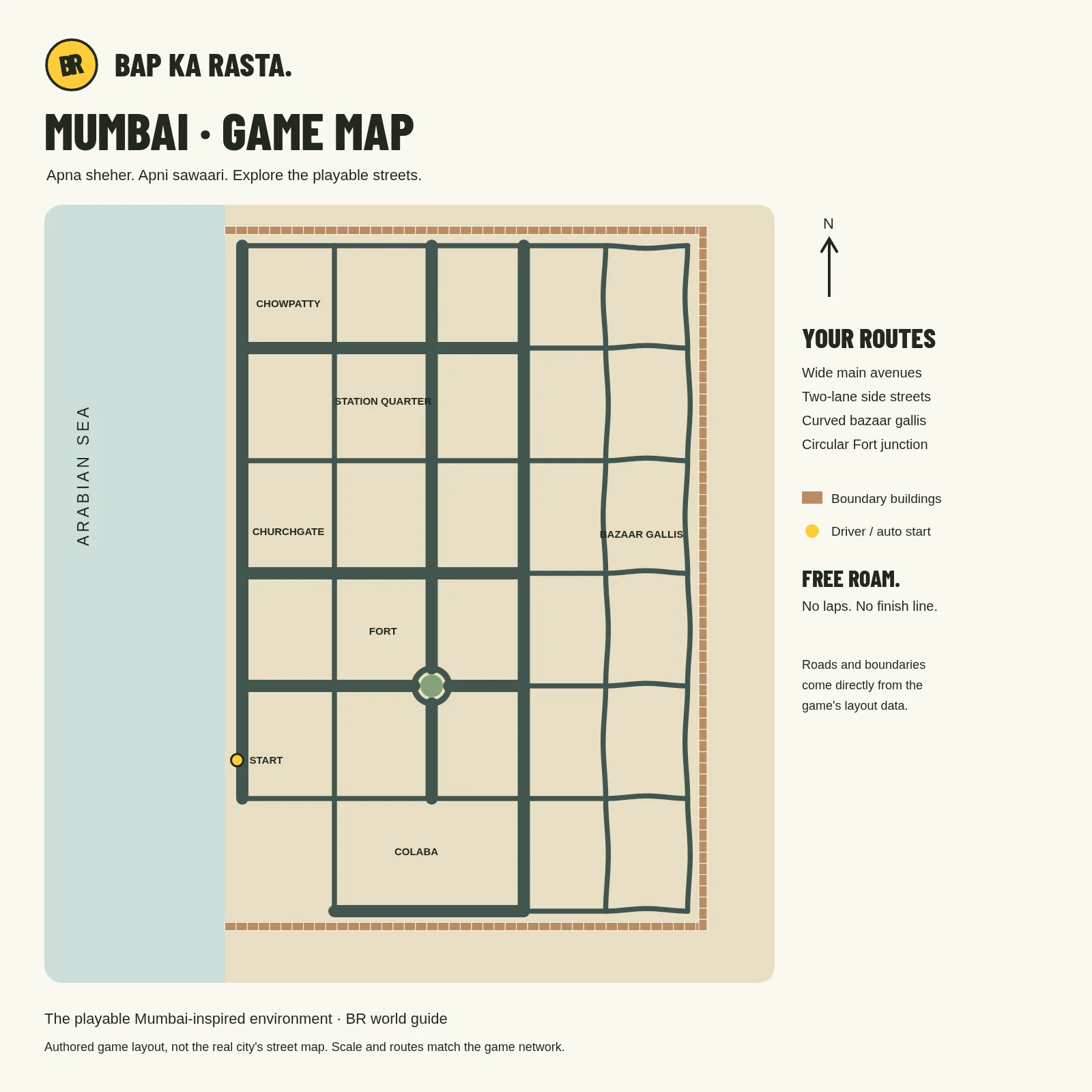 Bap Ka Rasta's illustrated playable road map with a seafront, connected city streets and district labels