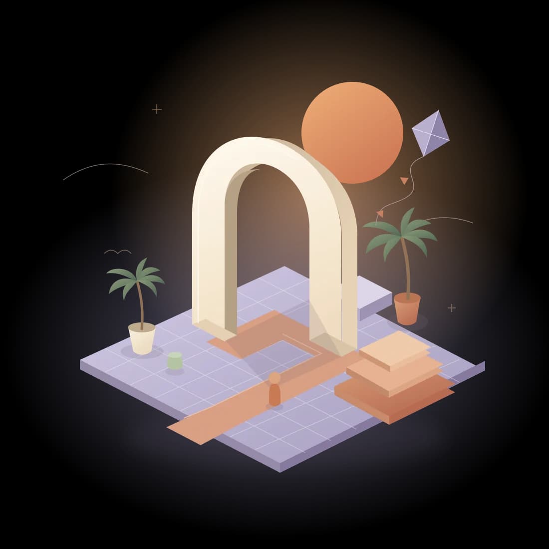 An imagined courtyard with a welcoming arch, a winding path, a kite and a terracotta sun