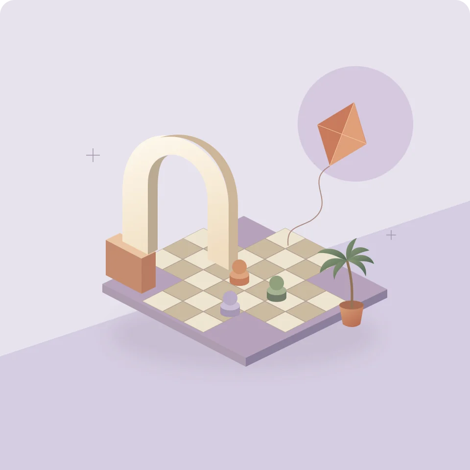 An original illustration of a courtyard play board, a kite and colourful game pieces