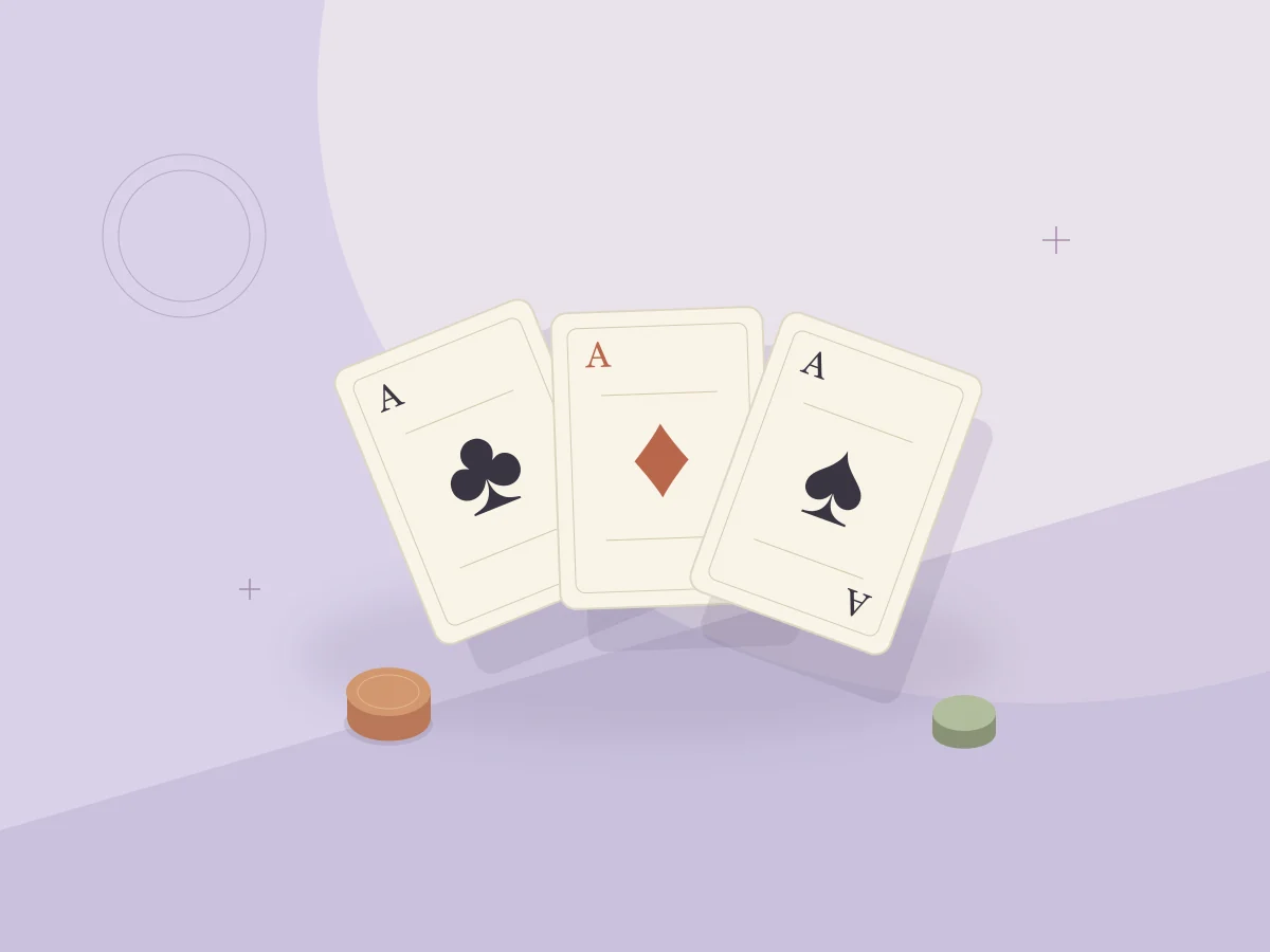 Concept artwork of ivory playing cards and a terracotta token arranged on a lilac surface